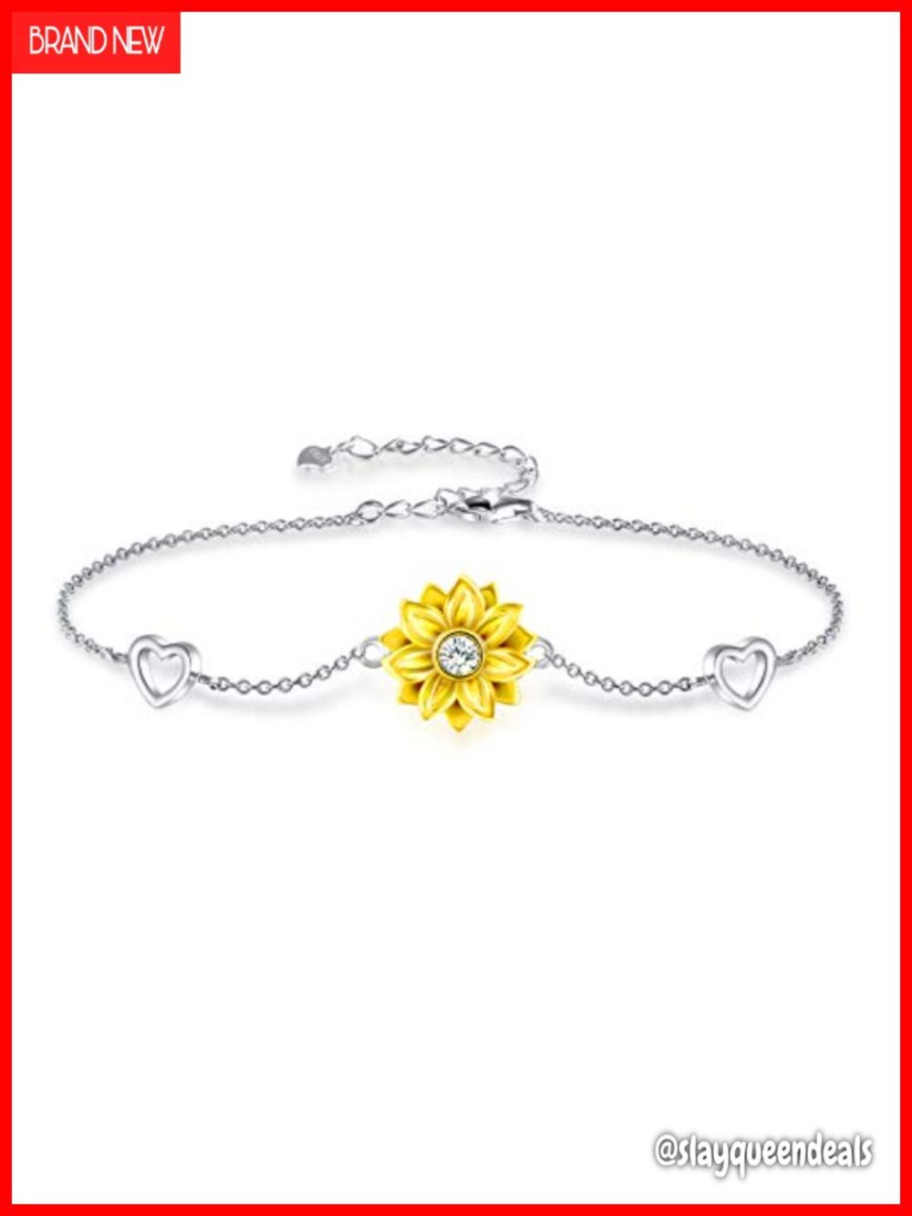 925 Sterling Silver Sunflower Bracelet with Heart Charm, Adjustable Link Chain